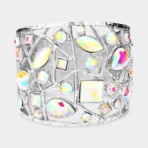 Abalone Wide Crystal Metal Multi Stone Hinged Style Chunky Cuff Bracelet Silver